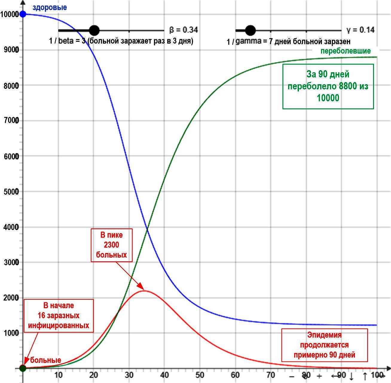 примерный расчет развития эпидемии без карантина в расчете на 10 тыс. человек