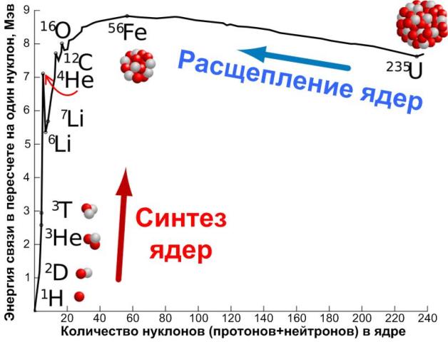 Энергия связи нуклонов (протонов и нейтронов) максимальна в ядре атома железа. Поэтому синтез с выделением энергии возможен только для легких ядер.