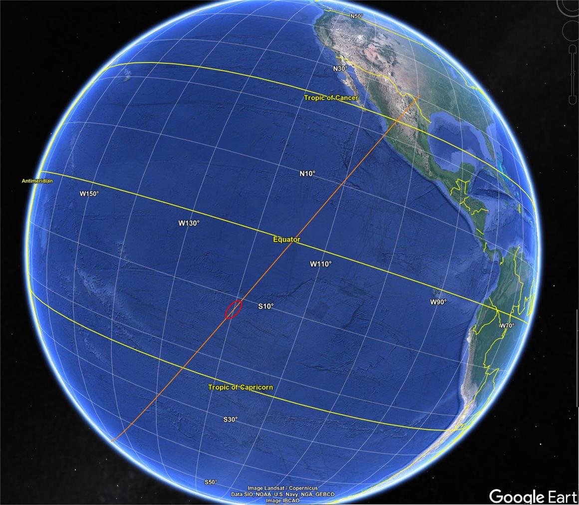 Последняя траектория того же орбитального витка. Красный эллипс показывает район падения.